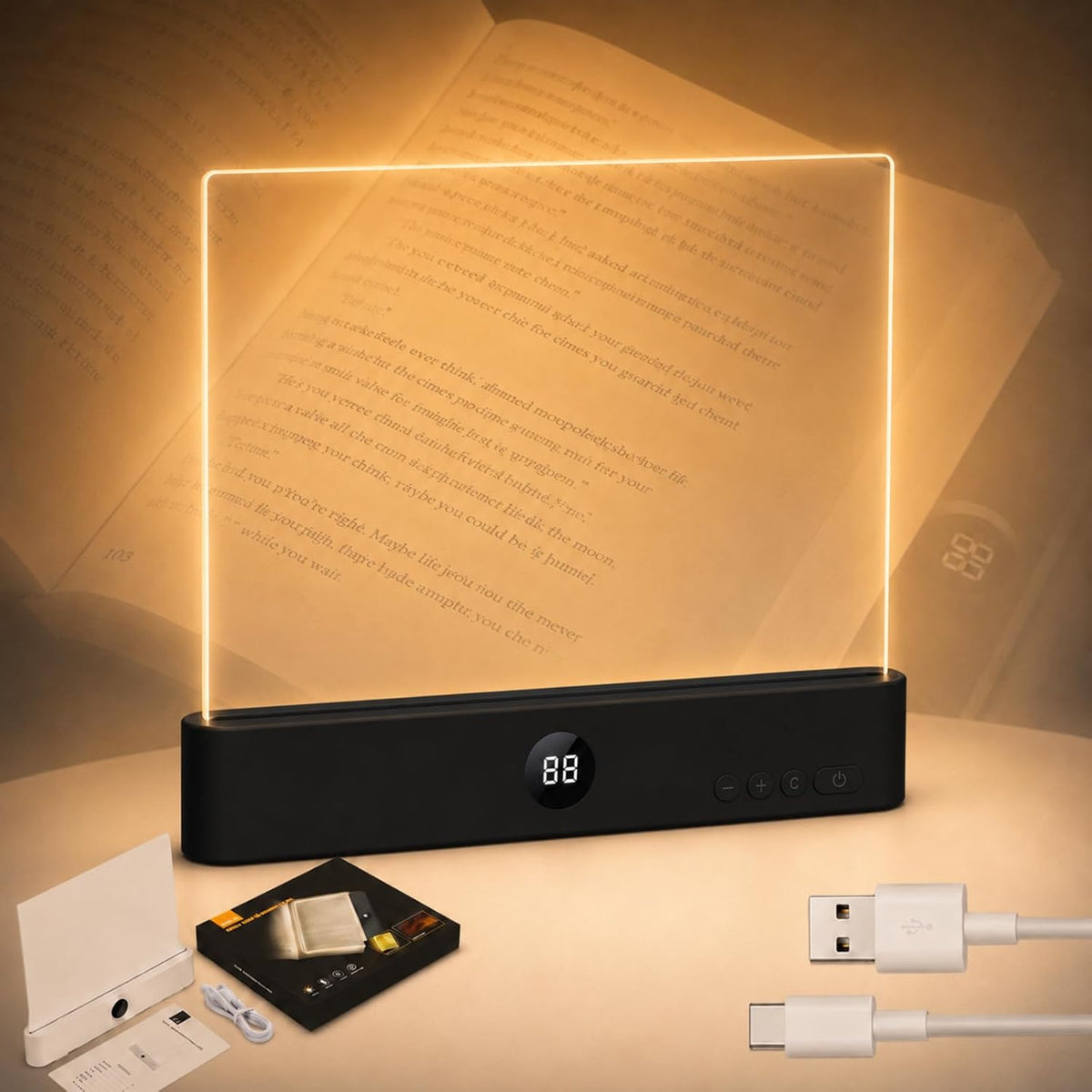 LED Book Light Page, Rechargeable Book Page Light for Reading, Flat Full Page Reading Light with 3 Colors, Dimming Timer, Usb-C,Black
