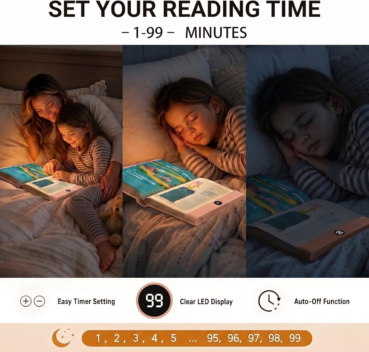 30 LED Book Light for Reading at Night in Bed, Rechargeable Book Page Light, 3 Color Temperatures, Stepless Dimming, 1-99 Min Timer, 2-In-1 Reading Light Light & Night Light, Gift for Readers Pink