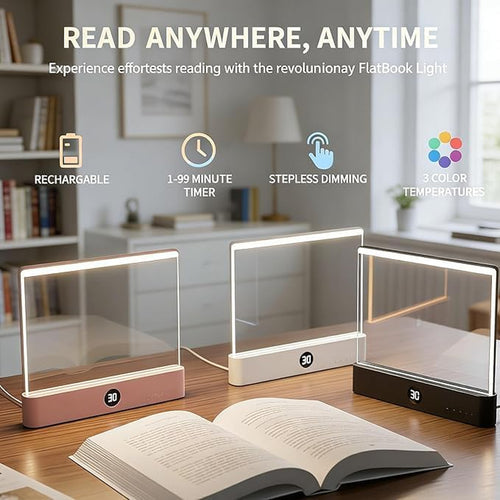LED Book Light Page, Rechargeable Book Page Light for Reading, Flat Full Page Reading Light with 3 Colors, Dimming Timer, Usb-C,Black