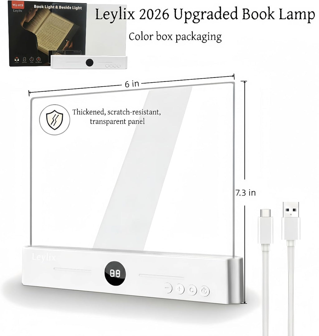 LED Flat Book Light for Reading at Night in Bed, White | Eye-Caring Page Illuminator, 3 Color Temperatures Stepless Dimmable Usb Rechargeable, Portable Flat Panel Lamp with Soft