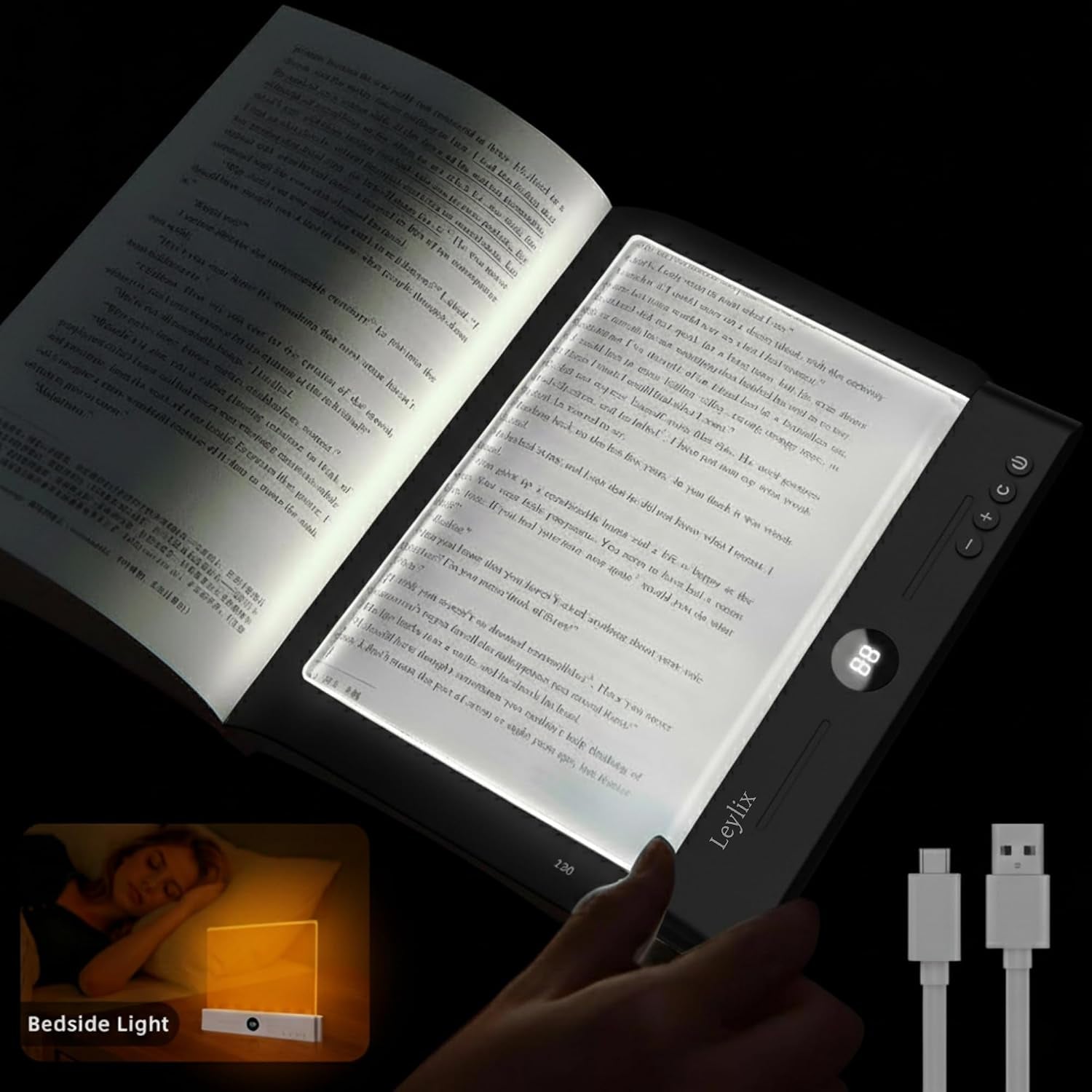 LED Flat Book Light for Reading at Night in Bed, Black | Eye-Caring, 3 Color Temperatures, Stepless Dimmable, USB Rechargeable, Portable Flat Panel Lamp for Kids & Adults