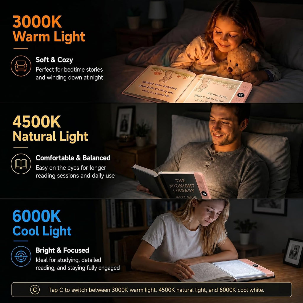 30 LED Book Light for Reading at Night in Bed, Rechargeable Book Page Light, 3 Color Temperatures, Stepless Dimming, 1-99 Min Timer, 2-In-1 Reading Light Light & Night Light, Gift for Readers Pink
