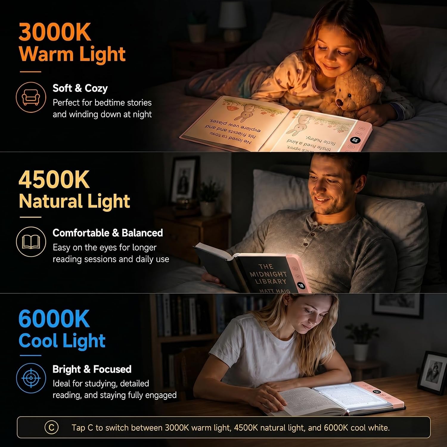 30 LED Book Light for Reading at Night in Bed, Rechargeable Book Page Light, 3 Color Temperatures, Stepless Dimming, 1-99 Min Timer, 2-In-1 Reading Light Light & Night Light, Gift for Readers Pink