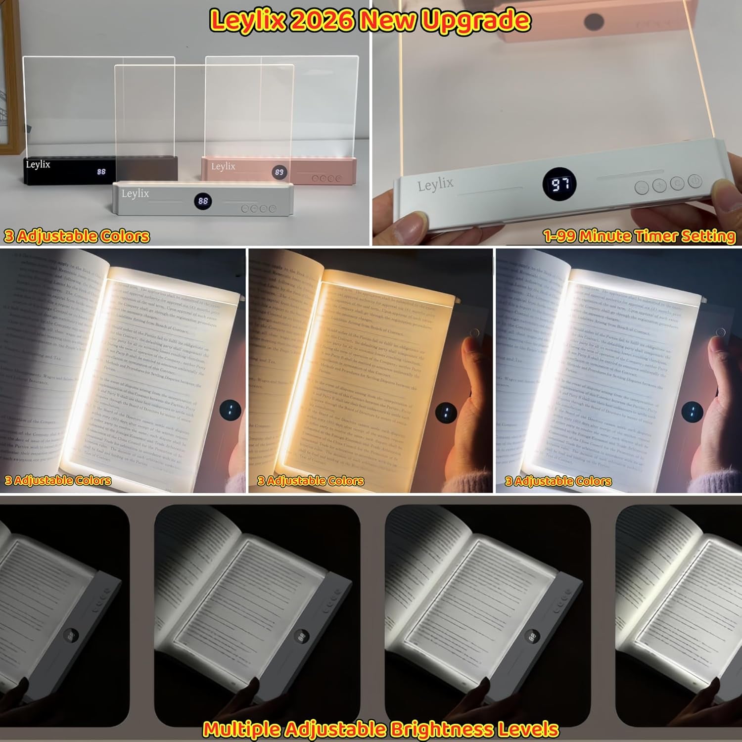 LED Flat Book Light for Reading at Night in Bed, Black | Eye-Caring, 3 Color Temperatures, Stepless Dimmable, USB Rechargeable, Portable Flat Panel Lamp for Kids & Adults