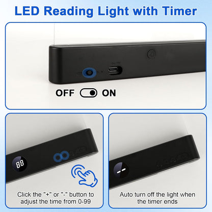 Rechargeable LED Book Light with 3 Color Modes & Timer - Perfect for Night Reading in Bed (Black, Compact Design)