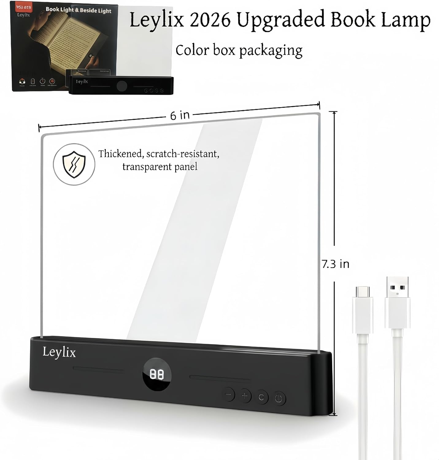 LED Flat Book Light for Reading at Night in Bed, Black | Eye-Caring, 3 Color Temperatures, Stepless Dimmable, USB Rechargeable, Portable Flat Panel Lamp for Kids & Adults